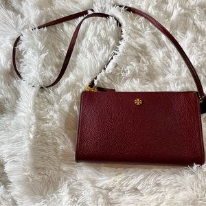 Tory Burch Blake Top Zip Crossbody Pebbled Leather Maroon Purse